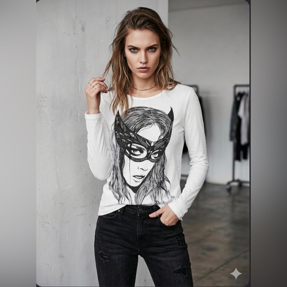 Zara | 100% cotton white graphic long sleeve tee | size M